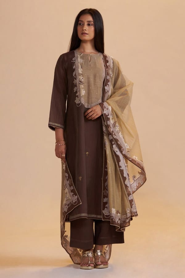 Deep Mahogany Woven Kurta Set — Ganga Fashions Pvt Ltd