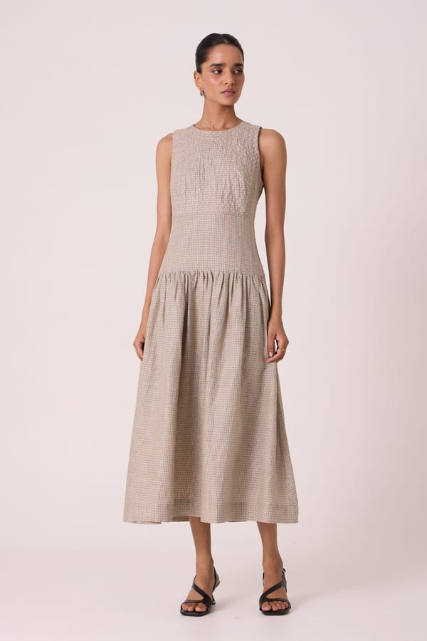 Nuwan Beige Checkered Linen Dress — The Summer House