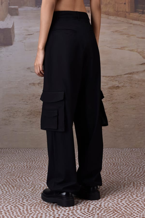 Black Poly-Viscose Wide-Leg Cargo Trousers — Genes Lecoanet Hemant