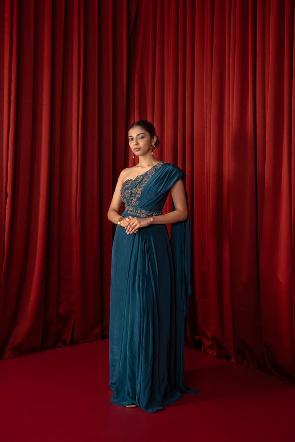 Blue One-Shoulder Embellished Maxi Gown — QUNIC