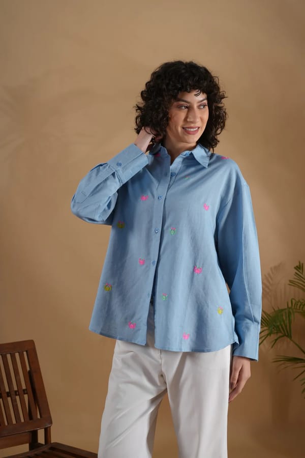 Blue Oversized Embroidered Button-Down Shirt — Brand New Brand