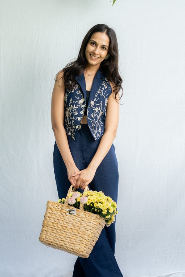 Inkwell Navy Linen Cropped Vest with Horse Embroidery — Akirah