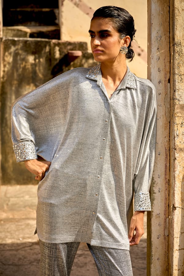 Silver Metallic Oversized Mirrorwork Shirt — Dash and Dot