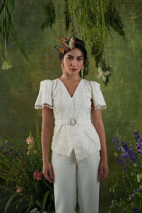 Ivory Beaded Peplum Top and Wide-Leg Pants Co-ord Set — Label IRIS