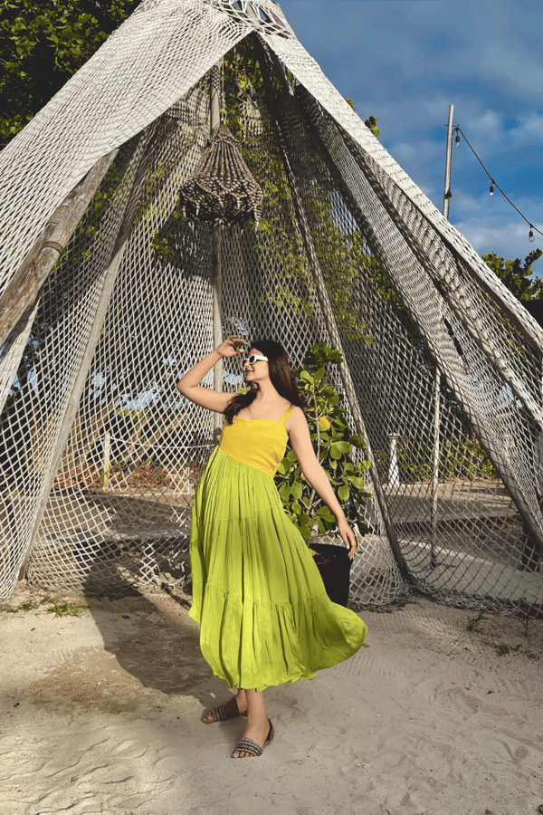 Yellow-Green Asymmetrical Gather Midi Dress — Neora