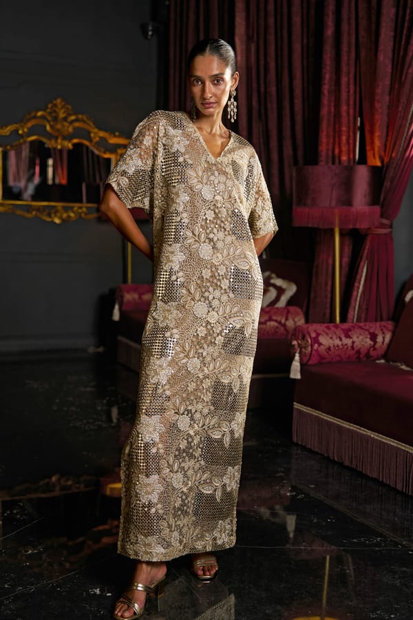 Natural Mirror and Bead Embroidered Maxi Kaftan — Dash and Dot