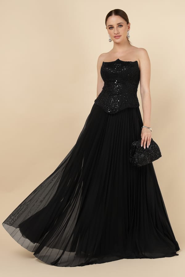 Black Strapless Sequin Bodice Maxi Gown — NAZELLA