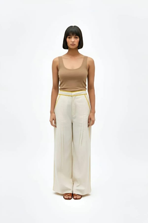 Ivory Wide-Leg Pintuck Trousers with Yellow Stripe Detail — Neora