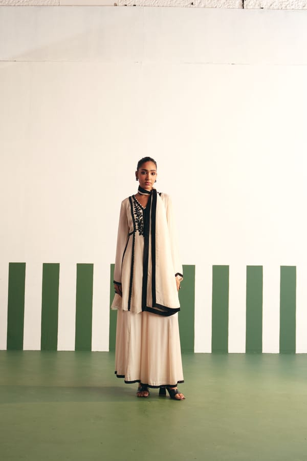 Ivory Anarkali Kurta Set with Black Embroidery — Reeti Arneja