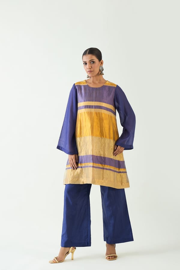 Mira: Silk stripe tissue Tunic set- Purple/Mustard — SHIVANI BHARGAVA