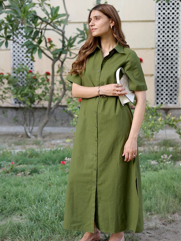 LinenLite Olive Ash Maxi Shirt Dress — Femmella