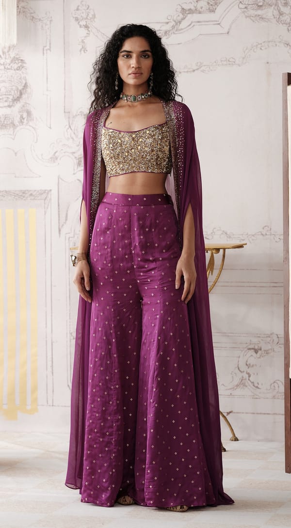 Purple Sequin Bustier, Sharara and Cape Co-ord Set — Basanti Kapde aur Koffee