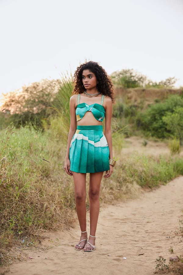 Tidal Teal Abstract Printed Pleated Mini Skirt — Zip by Payal Zinal