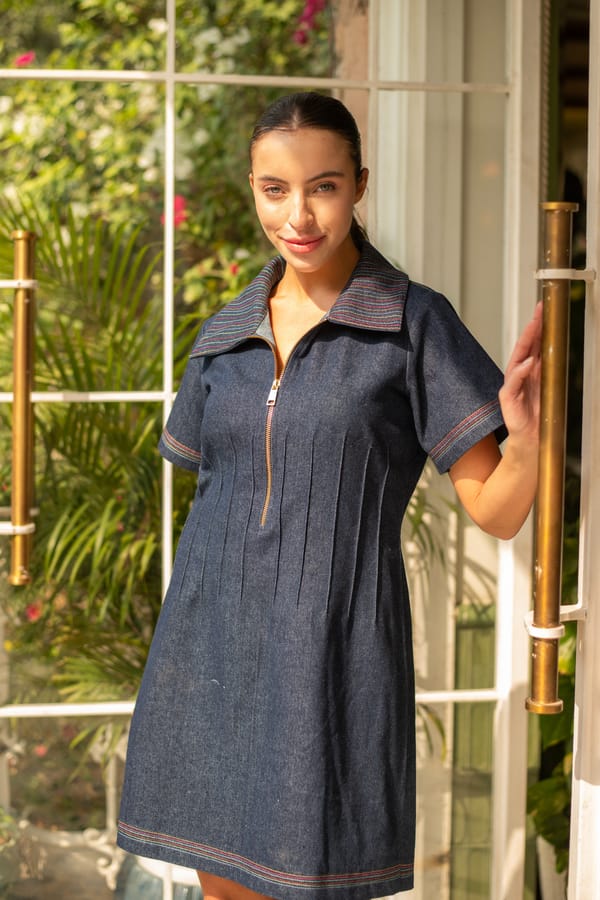 Blue Denim Corset Mini Dress with Zip Front — AKSH