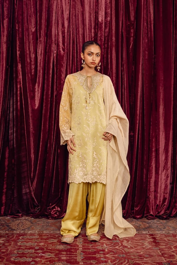 Yellow Floral Schiffli Embroidered Kurta Set with Dupatta — LABEL NAARITI