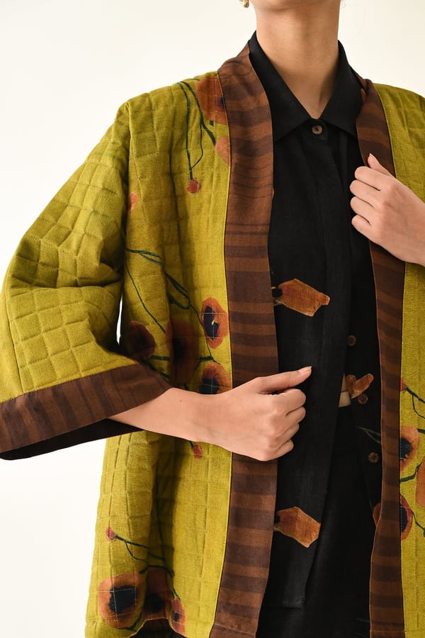 Mustard Quilted Hand-Painted Floral Open-Front Jacket — Ofrida