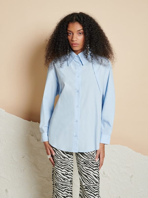 Blue Oversized Button-Down Shirt with Curved Seams — SISTER JANE