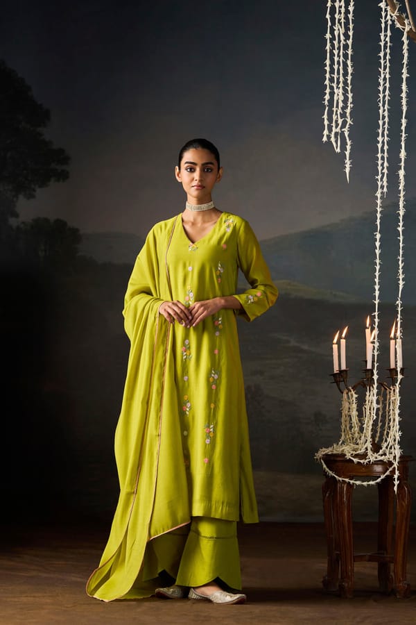 Lime Green Floral Embroidered Kurta Set — Truly SMA