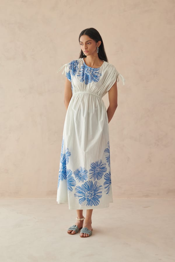 White Cotton Fit and Flare Midi Dress with Blue Floral Print — ROHO