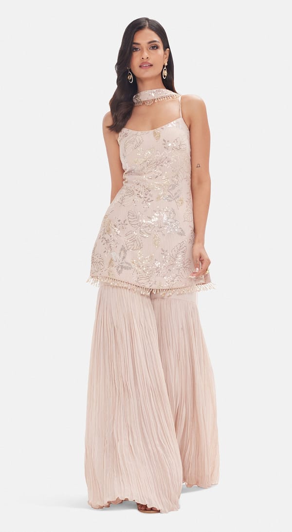 Baby Pink Georgette Sequin Kurta Sharara Set with Dupatta — Basanti Kapde aur Koffee