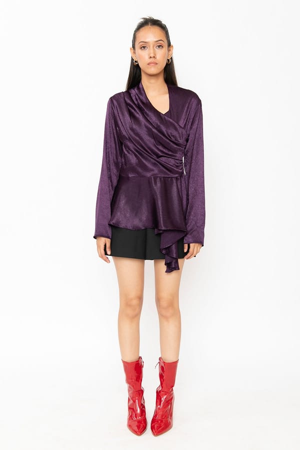 Purple Crushed Satin Wrap-Front Peplum Top — Contemponari