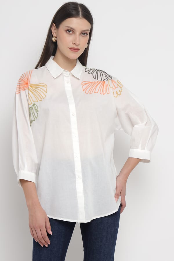 White Cotton Shirt with Leaf Embroidery — Diana Gallesi