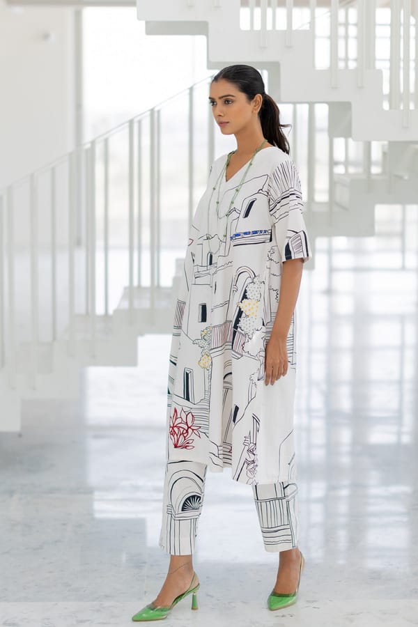 White Graphic Printed Poplin Kurta Set with Pants — Silai studio