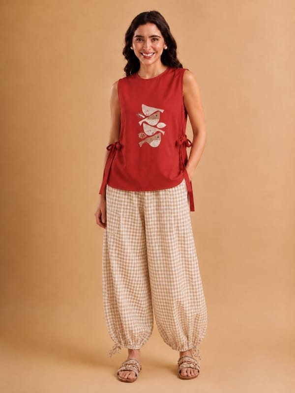 Brick Red Sleeveless Tunic Top with Side Ties — ANISETTE