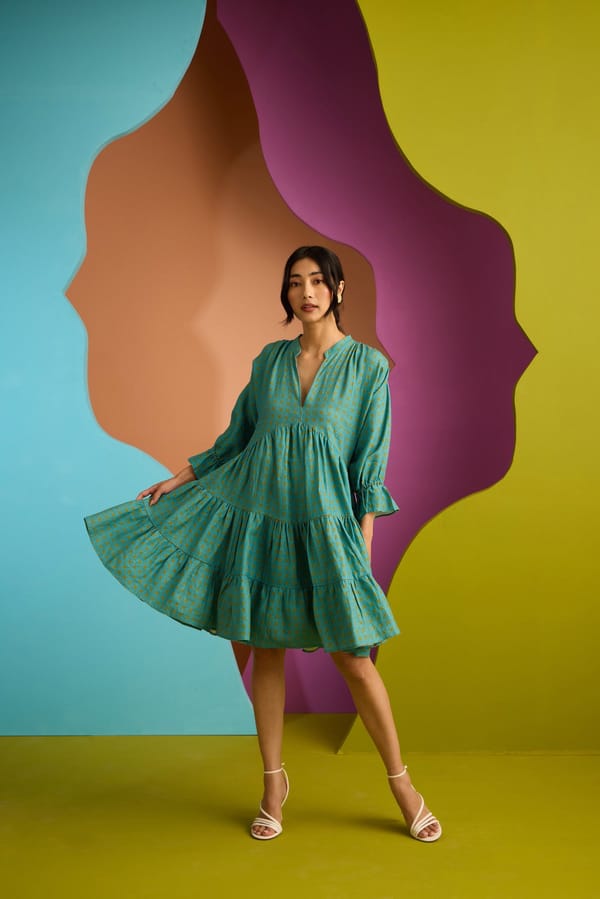 Teal Geometric Printed Tiered Mini Linen Dress — CUIN