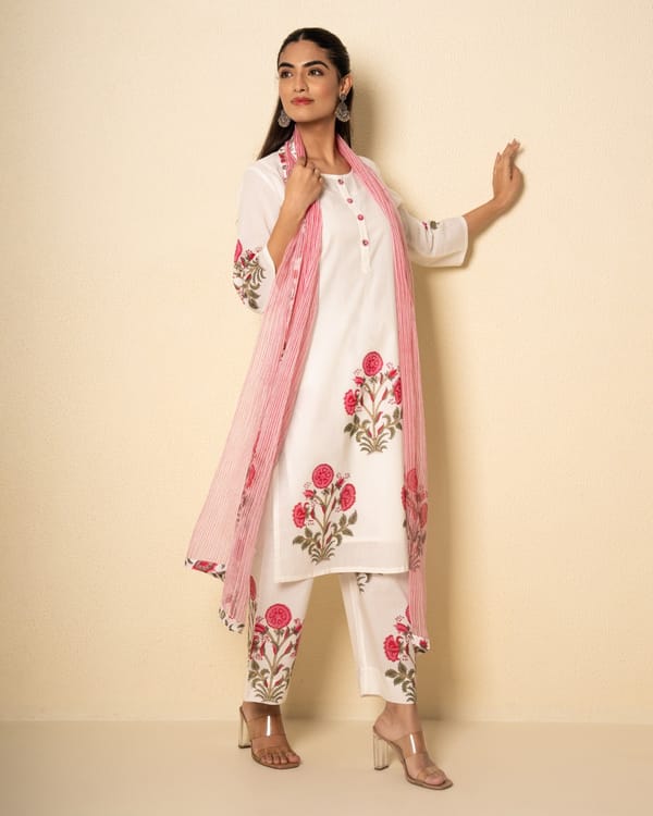 White Rosette Cotton Floral Motif Block Print Suit Set (Set of 4) — Kameez