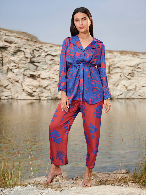 Blue and Red Printed Satin Shirt and Pants Co-ord Set — House of Soi