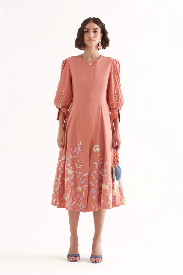 Lipstick Pink Embroidered Cotton Poplin Midi Dress — Our Love