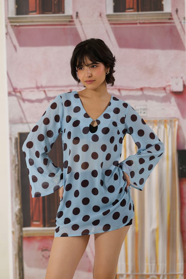 Blue Sheer Polka Dot Mini Dress with Flared Sleeves — The Clothing Factory