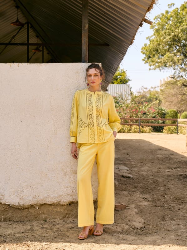 Yellow High-Rise Wide-Leg Cotton Trousers — Style Island