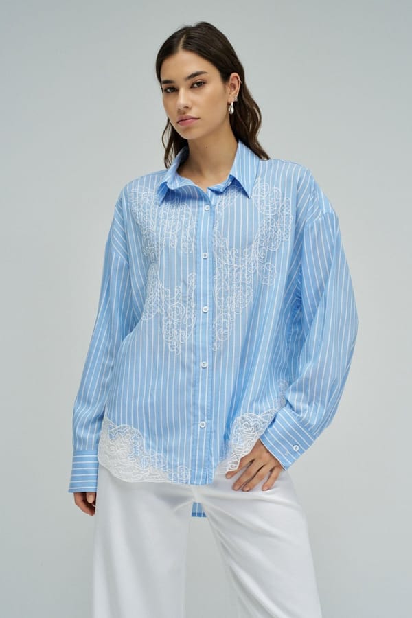 Blue Striped Button-Down Shirt with Lace Detail — SALSA JEANS