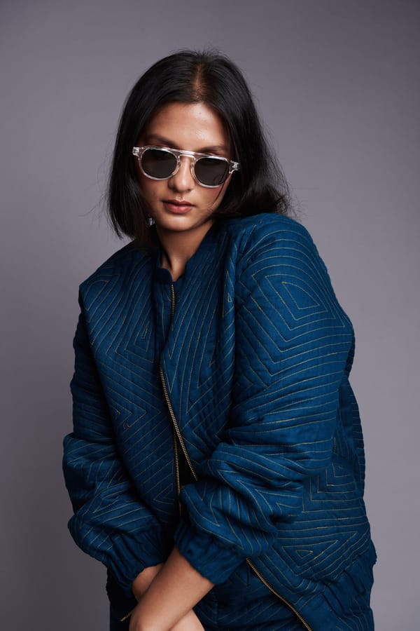 Indigo Linen Quilted Bomber Jacket — Saphed