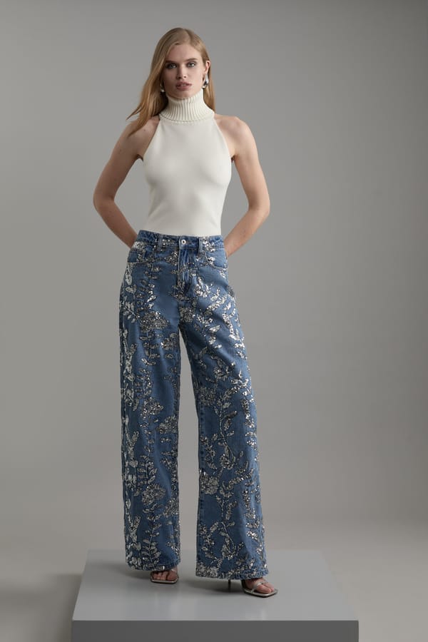 Mid Blue Wide-Leg Sequin Embellished Jeans — KAREN MILLEN