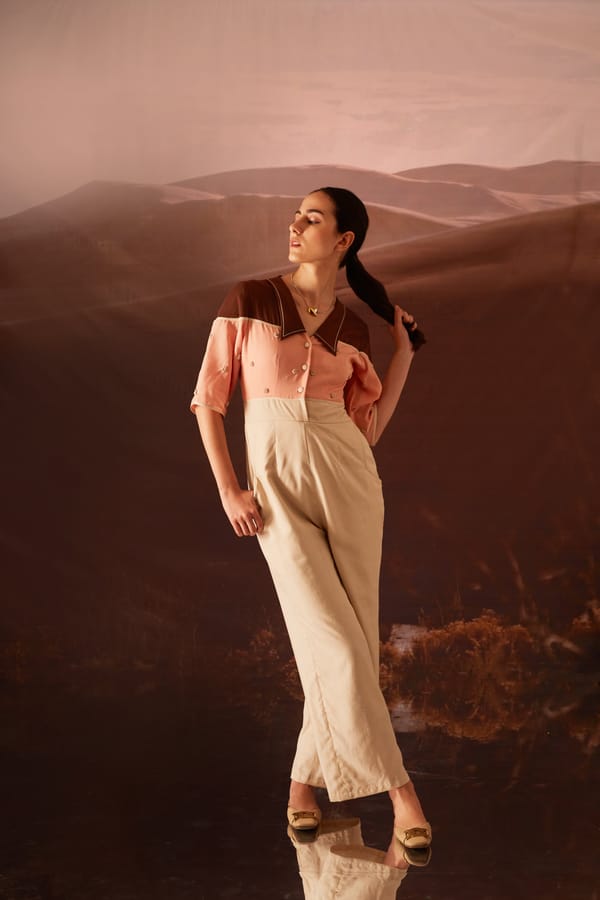 Peach Colorblock Lapel Collar Jumpsuit — An'era by Asmita Verma