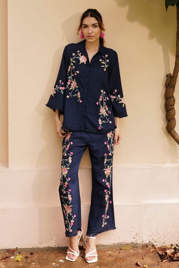 Deep Blue Embroidered Shirt and Pants Co-ord Set — BOHO-CHIC
