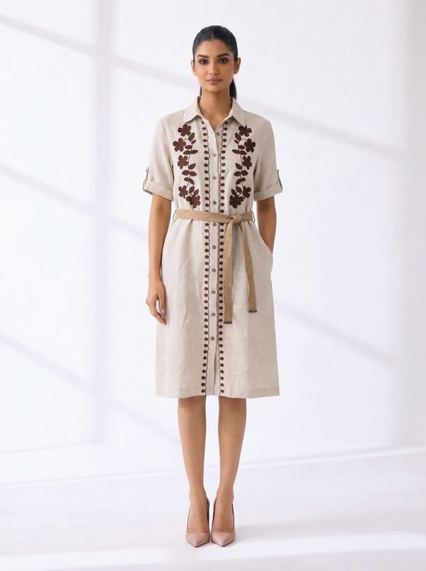 Natural Cotton Embroidered Belted Shirt Dress — ROBIN