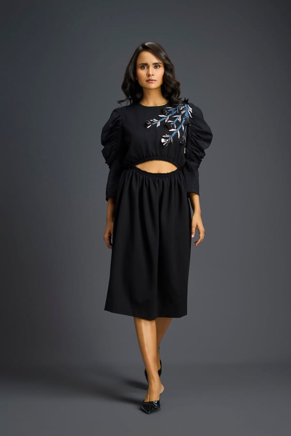 Black Midi Cut-Out Dress with Embellished Shoulder — Deepika Arora