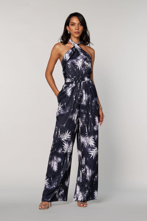 Black Satin Halter Neck Bamboo Print Wide-Leg Jumpsuit — Style Island