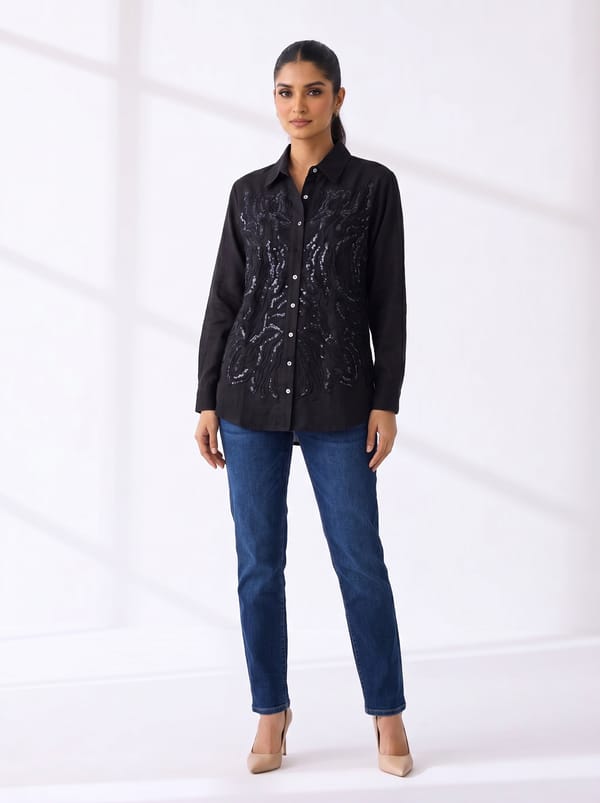 Black Linen Sequin-Embroidered Button-Down Shirt — THE LUXURY DRESSING