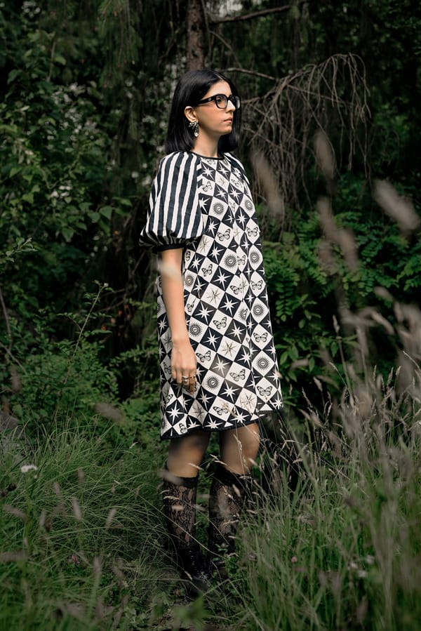 White/Black Oversized Celestial Print Mini Shift Dress — White Saturn