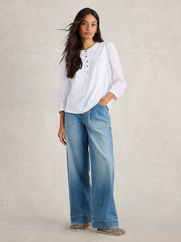 Pale Ivory Dobby Top with Puff 3/4 Sleeves — White Stuff