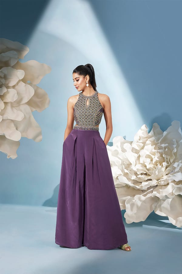 Dusty Purple High Neck Mirror Work Wide-Leg Jumpsuit — QUNIC