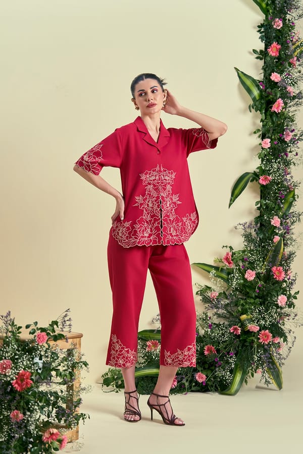 Red Embroidered Cutwork Shirt and Pants Co-ord Set — Origani