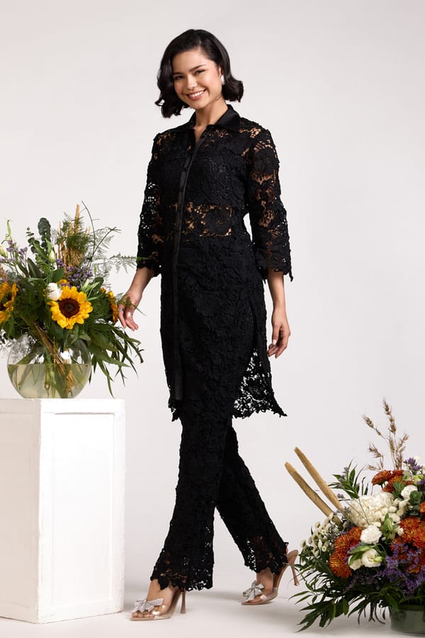 Black Sheer Lace Flared Trousers — AVERIE