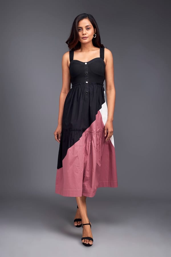 Colour Block Fit & Flare Sleeveless Midi Dress — Deepika Arora