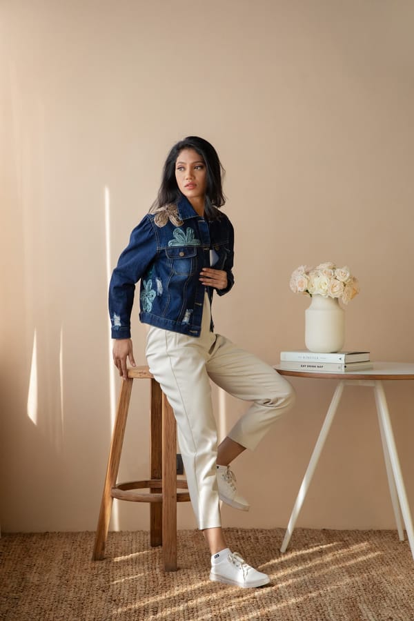 Blue Denim Jacket with Floral Embroidery and Pearls — Rhe-Ana